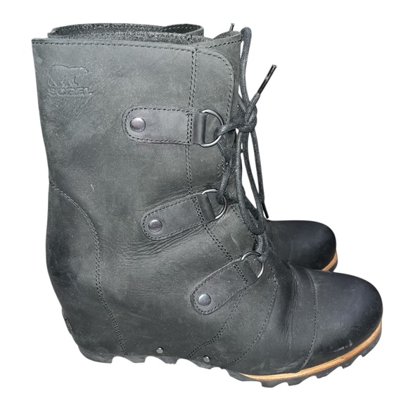 Sorel Black Nubuck Leather Joan Of Arctic Wedge Lace Up Boots size 11 - Picture 2 of 9
